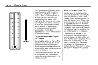 Black plate (10,1)Buick Enclave Owner Manual - 2011
10-10 Vehicle Care
Cold Temperature Operation: In an
area of extreme cold, where the
temperature falls below −29°C
(−20°F), an SAE 0W-30 oil should
be used. An oil of this viscosity
grade will provide easier cold
starting for the engine at extremely
low temperatures. When selecting
an oil of the appropriate viscosity
grade, be sure to always select
an oil that meets the required
specification, dexos. See
“Specification” earlier in this section
for more information.
Engine Oil Additives/Engine
Oil Flushes
Do not add anything to the oil. The
recommended oils with the dexos
specification and displaying the
dexos certification mark are all that
is needed for good performance and
engine protection.
Engine oil system flushes are not
recommended and could cause
engine damage not covered by the
vehicle warranty.
What to Do with Used Oil
Used engine oil contains certain
elements that can be unhealthy for
your skin and could even cause
cancer. Do not let used oil stay on
your skin for very long. Clean your
skin and nails with soap and water,
or a good hand cleaner. Wash or
properly dispose of clothing or rags
containing used engine oil. See the
manufacturer's warnings about the
use and disposal of oil products.
Used oil can be a threat to the
environment. If you change your
own oil, be sure to drain all the oil
from the filter before disposal. Never
dispose of oil by putting it in the
trash or pouring it on the ground,
into sewers, or into streams or
bodies of water. Recycle it by taking
it to a place that collects used oil.
 