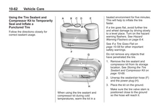 Black plate (62,1)Buick Enclave Owner Manual - 2011
10-62 Vehicle Care
Using the Tire Sealant and
Compressor Kit to Temporarily
Seal and Inflate a
Punctured Tire
Follow the directions closely for
correct sealant usage.
When using the tire sealant and
compressor kit during cold
temperatures, warm the kit in a
heated environment for five minutes.
This will help to inflate the tire
faster.
If a tire goes flat, avoid further tire
and wheel damage by driving slowly
to a level place. Turn on the hazard
warning flashers. See Hazard
Warning Flashers on page 6‑4.
See If a Tire Goes Flat on
page 10‑58 for other important
safety warnings.
Do not remove any objects that
have penetrated the tire.
1. Remove the tire sealant and
compressor kit from its storage
location. See Storing the Tire
Sealant and Compressor Kit on
page 10‑68.
2. Unwrap the sealant/air hose (F)
and the power plug (H).
3. Place the kit on the ground.
Make sure the tire valve stem is
positioned close to the ground
so the hose will reach it.
 