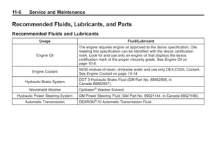 Black plate (6,1)Buick Enclave Owner Manual - 2011
11-6 Service and Maintenance
Recommended Fluids, Lubricants, and Parts
Recommended Fluids and Lubricants
Usage Fluid/Lubricant
Engine Oil
The engine requires engine oil approved to the dexos specification. Oils
meeting this specification can be identified with the dexos certification
mark. Look for and use only an engine oil that displays the dexos
certification mark of the proper viscosity grade. See Engine Oil on
page 10‑8.
Engine Coolant
50/50 mixture of clean, drinkable water and use only DEX-COOL Coolant.
See Engine Coolant on page 10‑14.
Hydraulic Brake System
DOT 3 Hydraulic Brake Fluid (GM Part No. 88862806, in
Canada 88862807).
Windshield Washer Optikleen®
Washer Solvent.
Hydraulic Power Steering System GM Power Steering Fluid (GM Part No. 89021184, in Canada 89021186).
Automatic Transmission DEXRON®
-VI Automatic Transmission Fluid.
 