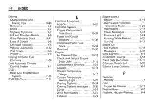 Black plate (4,1)Buick Enclave Owner Manual - 2011
i-4 INDEX
Driving
Characteristics and
Towing Tips . . . . . . . . . . . . . . . . .9-45
Defensive . . . . . . . . . . . . . . . . . . . . . . 9-2
Drunk . . . . . . . . . . . . . . . . . . . . . . . . . . 9-2
Highway Hypnosis . . . . . . . . . . . . . 9-7
Hill and Mountain Roads . . . . . . . 9-8
If the Vehicle is Stuck . . . . . . . . . 9-11
Loss of Control . . . . . . . . . . . . . . . . 9-5
Off-Road Recovery . . . . . . . . . . . . 9-5
Vehicle Load Limits . . . . . . . . . . .9-12
Wet Roads . . . . . . . . . . . . . . . . . . . . 9-6
Winter . . . . . . . . . . . . . . . . . . . . . . . . . 9-9
Driving for Better Fuel
Economy . . . . . . . . . . . . . . . . . . . . . 1-20
Dual Automatic Climate
Control System . . . . . . . . . . . . . . . . 8-1
DVD
Rear Seat Entertainment
System . . . . . . . . . . . . . . . . . . . . . .7-36
DVD/CD Player . . . . . . . . . . . . . . . . 7-14
E
Electrical Equipment,
Add-On . . . . . . . . . . . . . . . . . . . . . . 9-53
Electrical System
Engine Compartment
Fuse Block . . . . . . . . . . . . . . . . 10-31
Fuses and Circuit
Breakers . . . . . . . . . . . . . . . . . . 10-31
Instrument Panel Fuse
Block . . . . . . . . . . . . . . . . . . . . . . 10-34
Overload . . . . . . . . . . . . . . . . . . . 10-30
Engine
Air Cleaner/Filter . . . . . . . . . . . 10-12
Check and Service Engine
Soon Light . . . . . . . . . . . . . . . . . .5-19
Compartment Overview . . . . . . .10-6
Coolant . . . . . . . . . . . . . . . . . . . . . 10-14
Coolant Temperature
Gauge . . . . . . . . . . . . . . . . . . . . . .5-15
Coolant Temperature
Warning Light . . . . . . . . . . . . . . .5-23
Cooling System . . . . . . . . . . . . . 10-14
Cooling System Messages . . .5-32
Cover . . . . . . . . . . . . . . . . . . . . . . . . .10-7
Drive Belt Routing . . . . . . . . . . . .12-3
Exhaust . . . . . . . . . . . . . . . . . . . . . .9-22
Engine (cont.)
Heater . . . . . . . . . . . . . . . . . . . . . . . .9-19
Overheated Protection
Operating Mode . . . . . . . . . . . 10-20
Overheating . . . . . . . . . . . . . . . . 10-18
Power Messages . . . . . . . . . . . . .5-33
Pressure Light . . . . . . . . . . . . . . . .5-24
Running While Parked . . . . . . . .9-23
Starting . . . . . . . . . . . . . . . . . . . . . . .9-18
Engine Oil
Life System . . . . . . . . . . . . . . . . . .10-11
Messages . . . . . . . . . . . . . . . . . . . .5-33
Entry Lighting . . . . . . . . . . . . . . . . . . . 6-6
Equipment, Towing . . . . . . . . . . . . 9-51
Event Data Recorders . . . . . . . .13-16
Extender, Safety Belt . . . . . . . . . . 3-26
Exterior Lamp Controls . . . . . . . . . 6-1
F
Features
Memory . . . . . . . . . . . . . . . . . . . . . . . . 1-7
Filter,
Engine Air Cleaner . . . . . . . . . 10-12
Flash-to-Pass . . . . . . . . . . . . . . . . . . . 6-2
Flashers, Hazard Warning . . . . . . 6-4
 