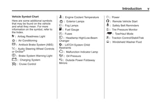 Black plate (5,1)Buick Enclave Owner Manual - 2011
Introduction v
Vehicle Symbol Chart
Here are some additional symbols
that may be found on the vehicle
and what they mean. For more
information on the symbol, refer to
the Index.
9 : Airbag Readiness Light
# : Air Conditioning
! : Antilock Brake System (ABS)
% : Audio Steering Wheel Controls
or OnStar®
$ : Brake System Warning Light
" : Charging System
I : Cruise Control
B : Engine Coolant Temperature
O : Exterior Lamps
# : Fog Lamps
. : Fuel Gauge
+ : Fuses
3 : Headlamp High/Low-Beam
Changer
j : LATCH System Child
Restraints
* : Malfunction Indicator Lamp
: : Oil Pressure
g : Outside Power Foldaway
Mirrors
} : Power
/ : Remote Vehicle Start
> : Safety Belt Reminders
7 : Tire Pressure Monitor
_ : Tow/Haul Mode
d : Traction Control/StabiliTrak
M : Windshield Washer Fluid
 