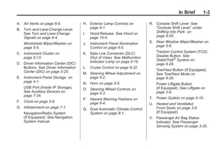 Black plate (3,1)Buick Enclave Owner Manual - 2011
In Brief 1-3
A. Air Vents on page 8‑9.
B. Turn and Lane‐Change Lever.
See Turn and Lane-Change
Signals on page 6‑4.
Windshield Wiper/Washer on
page 5‑5.
C. Instrument Cluster on
page 5‑13.
D. Driver Information Center (DIC)
Buttons. See Driver Information
Center (DIC) on page 5‑25.
E. Instrument Panel Storage on
page 4‑1.
USB Port (Inside IP Storage).
See Auxiliary Devices on
page 7‑34.
F. Clock on page 5‑8.
G. Infotainment on page 7‑1.
Navigation/Radio System
(If Equipped). See Navigation
System manual.
H. Exterior Lamp Controls on
page 6‑1.
I. Hood Release. See Hood on
page 10‑5.
J. Instrument Panel Illumination
Control on page 6‑5.
K. Data Link Connector (DLC)
(Out of View). See Malfunction
Indicator Lamp on page 5‑19.
L. Cruise Control on page 9‑32.
M. Steering Wheel Adjustment on
page 5‑2.
N. Horn on page 5‑5.
O. Steering Wheel Controls on
page 5‑3.
P. Hazard Warning Flashers on
page 6‑4.
Q. Dual Automatic Climate Control
System on page 8‑1.
R. Console Shift Lever. See
“Console Shift Lever” under
Shifting Into Park on
page 9‑20.
S. Rear Window Wiper/Washer on
page 5‑6.
Traction Control System (TCS)
Disable Button. See
StabiliTrak®
System on
page 9‑29.
Tow/Haul Button (If Equipped).
See Tow/Haul Mode on
page 9‑26.
Power Liftgate Button
(If Equipped). See Liftgate on
page 2‑9.
T. Power Outlets on page 5‑10.
U. Heated and Ventilated
Front Seats on page 3‑8
(If Equipped).
V. Passenger Air Bag Status
Indicator. See Passenger
Sensing System on page 3‑35.
 