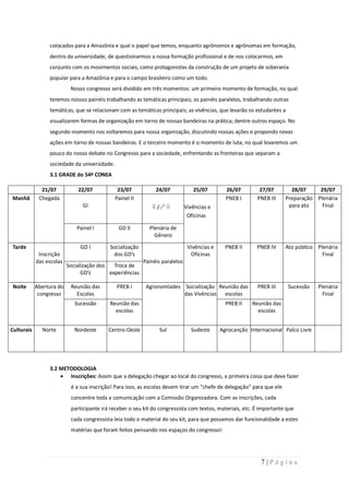colocados para a Amazônia e qual o papel que temos, enquanto agrônomos e agrônomas em formação,
                 dentro da universidade, de questionarmos a nossa formação profissional e de nos colocarmos, em
                 conjunto com os movimentos sociais, como protagonistas da construção de um projeto de soberania
                 popular para a Amazônia e para o campo brasileiro como um todo.
                           Nosso congresso será dividido em três momentos: um primeiro momento de formação, no qual
                 teremos nossos painéis trabalhando as temáticas principais; os painéis paralelos, trabalhando outras
                 temáticas, que se relacionam com as temáticas principais; as vivências, que levarão os estudantes a
                 visualizarem formas de organização em torno de nossas bandeiras na prática; dentre outros espaço. No
                 segundo momento nos voltaremos para nossa organização, discutindo nossas ações e propondo novas
                 ações em torno de nossas bandeiras. E o terceiro momento é o momento de luta, no qual levaremos um
                 pouco do nosso debate no Congresso para a sociedade, enfrentando as fronteiras que separam a
                 sociedade da universidade.
                 3.1 GRADE do 54º CONEA

              21/07           22/07            23/07           24/07             25/07         26/07        27/07        28/07     29/07
Manhã        Chegada                          Painel II                                        PNEB I      PNEB III    Preparação Plenária
                                GI                           ♀/♂♀             Vivências e                               para ato    Final
                                                                               Oficinas

                              Painel I         GD II        Plenária de
                                                              Gênero

Tarde                          GD I        Socialização                        Vivências e     PNEB II     PNEB IV     Ato público Plenária
             Inscrição                      dos GD’s                            Oficinas                                             Final
            das escolas                                   Painéis paralelos
                          Socialização dos   Troca de
                                GD’s       experiências

Noite       Abertura do    Reunião das        PREB I       Agronomíades Socialização Reunião das           PREB III     Sucessão    Plenária
             congresso       Escolas                                    das Vivências escolas                                         Final
                             Sucessão      Reunião das                                         PREB II   Reunião das
                                             escolas                                                       escolas


Culturais     Norte          Nordeste      Centro-Oeste         Sul             Sudeste      Agrocanção Internacional Palco Livre




                 3.2 METODOLOGIA
                        Inscrições: Assim que a delegação chegar ao local do congresso, a primeira coisa que deve fazer
                           é a sua inscrição! Para isso, as escolas devem tirar um “chefe de delegação” para que ele
                           concentre toda a comunicação com a Comissão Organizadora. Com as inscrições, cada
                           participante irá receber o seu kit do congressista com textos, materiais, etc. É importante que
                           cada congressista leia todo o material do seu kit, para que possamos dar funcionalidade a estes
                           matérias que foram feitos pensando nos espaços do congresso!




                                                                                                             7|Página
 