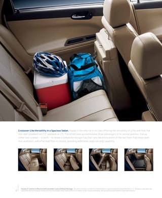 Crossover-Like Versatility in a Spacious Sedan. Impala is the only car in its class offering the versatility of a flip-and-fold-flat
    rear seat (standard on LTZ; available on LT). The 60/40 seat accommodates three passengers in its normal position. Pull up
    either seat cushion — or both — to reveal a composite storage tray that runs the entire width of the rear floor. Fold down both
    rear seatbacks, and a flat load floor is created, providing additional cargo-carrying capability.




      Impala LT interior in Neutral with available Luxury Edition Package. 1 For more information, visit kbb.com. Kelley Blue Book is a registered trademark of Kelley Blue Book Co., Inc. 2 Requires a subscription sold
4     separately by XM after trial period. Available only in the 48 contiguous United States and District of Columbia. Visit gm.xmradio.com for details. 3 Cargo and load capacity limited by weight and distribution.
 