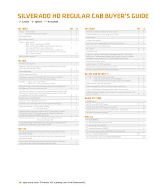 SILVERADO HD REGULAR CAB BUYER’S GUIDE
 S = Standard        O = Optional — = Not Available

EXTERIOR                                                                         WT   LT     INTERIOR                                                                              WT    LT
 Bumper: — front, chrome                                                         S     S      Bluetooth® wireless technology6 for select phones                                    O7    O7
            — rear, chrome; step-style with pad1                                 S     S      Climate (temperature) control: single-zone, manual                                   S     S
 Door handles: Black                                                             S     S      Cruise control                                                                       O     S
 Grille: chrome surround                                                         S     S      Defogger: rear-window                                                                O     O
 Mirrors: — Black, folding                                                       S     –      Door locks: power, programmable; with Remote Keyless Entry                           O     S
           — Black, folding, power, heated (2500HD)                              –     S
           — Black, trailering, high-visibility vertical, manual-folding and                  Driver Information Center (DIC) display                                              S     S
             extendable; with lower convex spotter glass                         O     –      DIC controls                                                                         O8    O9
           — Black, trailering, vertical, power, heated, manual-folding and
             extendable; with turn-signal indicators and lower convex spotter                 Glove boxes: dual                                                                    S     S
             glass (2500HD/3500HD)                                               –    O2/S    Interior Plus Package: six-way power-adjustable driver seat, CD/MP3 player
 Recovery hooks: two front                                                       S     S      and USB port,10 steering wheel-mounted audio controls, Bluetooth® wireless
                                                                                              technology6 for select phones, EZ Lift locking tailgate and foglamps                 –     O
CHASSIS                                                                                       Remote vehicle starter system                                                        –     O11
 Air cleaner: high-capacity                                                      S     S      Steering column: Tilt-Wheel, adjustable                                              S     S
 Differential: automatic locking rear (standard on 3500HD Regular Cab 2WD                     Steering wheel-mounted audio and cruise controls                                     O8    O9
 DRW and all 3500HD SRW models)                                                  O     O
                                                                                              Windows: power, with driver’s Express-Down feature                                   –     S
 Engine block heater                                                             O     O
 Exhaust brake system: diesel3                                                   S     S     SAFET Y AND SECURIT Y
 Fuel capacity (approximate): 36-gallon (63.5-gallon tanks standard on                        Air bags:12 — driver and right-front passenger                                       S     S
 Chassis Cab; or front 23.5- or rear 40-gallon tank available)                   S     S                  — head-curtain with rollover sensor (2500HD)                             O     O
                                                                                                          — seat-mounted for thorax and pelvic protection13 (2500HD)               O     O
 Oil coolers: — engine, heavy-duty, external                                     S     S
              — transmission, auxiliary, heavy-duty, external                    S     S      Brake controller: trailer, ABS-integrated5                                           O     O
 Skid Plate Package:4 frame-mounted shield protecting front underbody, oil                    Brakes: four-wheel disc (ABS), with Dynamic Rear Proportioning                       S     S
 pan, differential case and transfer case (4x4)                                  O     O      OnStar:14 with Directions & Connections Plan for the ﬁrst six months                 O     S
 Snow Plow Prep Package: 10-amp power for backup and roof emergency light,                    StabiliTrak Electronic Stability Control System with Trailer Sway Control and Hill
 high-ﬂow front bumper, forward lamp wiring harness, provision for cab roof-                  Start Assist1 (SRW)                                                                   S     S
 mounted lamp and Skid Plate Package (4x4)                                       O     O
 Steering: power, recirculating ball                                             S     S     AUDIO SYSTEMS
 Suspension, front: independent, torsion bar                                     S     S      AM/FM stereo                                                                         S     –
 Suspension, rear: multi-stage; with multi-leaf asymmetrical springs             S     S      AM/FM stereo with CD/MP3 player                                                      O     S
 Suspension packages: — Z85 Handling/Trailering                                  S     S      AM/FM stereo with CD/MP3 player and USB port10                                       –     O9
                         — Z71 Off-Road1 (SRW)                                   –     O5
                     1
                                                                                              AM/FM stereo with in-dash six-disc CD/MP3 changer and USB port10                     –     O9
 Trailering Package: trailer hitch platform and 2.5" receiver with 2" adapter,
 7-wire harness mated to 7-way sealed connector, integrated trailer brake                     XM Radio:15 with three trial months                                                  O7    S
 controller and automatic locking rear differential                              O     O
 Transfer cases (4x4 only): — ﬂoor-mounted, manual shift-on-the-ﬂy               S     –
                                                                                             WHEELS
                             — electronic, with rotary dial                      –     S      17" steel (2500HD)                                                                    S     –
 Z71 Off-Road Package:1 Skid Plate Package; off-road jounce bumpers, shock                    17" steel (3500HD DRW and Chassis Cab)                                                S     –
 absorbers and stabilizer bars; and Z71 decals (SRW)                             –     O5     17" chrome-clad steel (2500HD)                                                        O     –
S E AT I N G                                                                                  17" machined-aluminum (2500HD)                                                        –     S
 Vinyl 40/20/40 split-bench front seat with recliners and fold-down center                    17" steel with chrome overlay (3500HD DRW and Chassis Cab)                            –     S
 armrest with storage                                                            S     –      18" steel (2500HD/3500HD SRW)                                                        O/S    –
 Cloth 40/20/40 split-bench front seat with recliners and fold-down center                    18" polished forged-aluminum (2500HD/3500HD SRW)                                      –    O/S
 armrest with storage                                                            O     –
 Premium Cloth 40/20/40 split-bench front seat with recliners, fold-down
 center armrest with storage and lockable underseat storage                      –     S




     Learn more about Silverado HD at chevy.com/NewSilveradoHD.
 