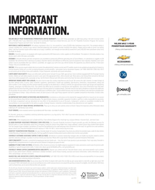 IMPORTANT
THE BEST COVERAGE
                                                                                                                                                                             IMPORTANT INFORMATION




INFORMATION.
IN AMERICA.
100,000 MILE/5-YEAR TRANSFERABLE POWERTRAIN LIMITED WARRANTY. Every 2011 Chevy passenger car, light-duty pickup, SUV and crossover comes
                             TRANSFERABLE POWERTRAIN LIMITED WARRANTY. Every 2011 Chevy passenger car, light-duty pickup,
with the best coverage in America: a 100,000 mile/5-year (whichever comes ﬁrst) transferable Powertrain Limited Roadside Assistance Program, the Courtesy
       a 100,000 mile/5-year (whichever comes ﬁrst) transferable Powertrain Limited Warranty, plus the 24/7 Warranty, plus the 24/7 Roadside Assistance
Transportation Program and much more. See dealer for details.See dealer for details.
Program, the Courtesy Transportation Program and much more.
NEW VEHICLE LIMITED WARRANTY. GM vehicles registered in the U.S.A. are covered for 3 years/36,000 miles (whichever comes ﬁrst). The complete vehicle is
                                                                                                                                         ﬁrst).
covered, including tires, towing to your nearest Chevrolet dealership and cosmetic corrosion resulting from defects. Repairs will be made to correct any vehicle
defect, and most warranty repairs will be made at no charge. In addition, rust-through corrosion will be covered for 6 years/100,000 miles (whichever comes ﬁrst).  ﬁrst).     chevy.com/warranty
See dealer for details.
ENGINES. Chevrolet products are equipped with engines produced by GM Powertrain or other suppliers to GM worldwide. The engines in Chevrolet products may
also be used in other GM makes and models.
ASSEMBLY. Chevrolet vehicles and their components are assembled or produced by different operating units of General Motors, its subsidiaries or suppliers to GM
worldwide. We sometimes ﬁnd it necessary to produce Chevrolet vehicles with different or differently sourced components than originally scheduled. Since some
                               ﬁnd
options may be unavailable when your vehicle is assembled, we suggest you verify that your vehicle includes the equipment you ordered and that, if there were
changes, they are acceptable to you.                                                                                                                                           chevy.com/accessories
ONSTAR. OnStar services require vehicle electrical system (including battery), wireless service and GPS satellite signals to be available and operating for features to
function properly. OnStar acts as a link to existing emergency service providers. Subscription Service Agreement required. Call 1-888-4ONSTAR (1-888-466-7827)
or visit onstar.com for OnStar Terms and Conditions, Privacy Statement, and details and system limitations.
A NOTE ABOUT CHILD SAFETY. Always use safety belts and the correct restraint for your child’s age and size. Even in vehicles equipped with the Passenger Sensing
System, children are safer when properly secured in a rear seat in the appropriate infant, child or booster seat. Never place a rear-facing infant restraint in the front
seat of any vehicle equipped with a passenger air bag. See the Owner’s Manual and child safety seat instructions for more safety information.
IMPORTANT WORDS ABOUT THIS CATALOG. We have tried to make this catalog comprehensive and factual. We reserve the right, however, to make changes at                                onstar.com
any time, without notice, in prices, colors, materials, equipment, speciﬁcations, models and availability. Speciﬁcations, dimensions, measurements, ratings and
                                                                    speciﬁcations,                            Speciﬁcations,
other numbers in this catalog and other printed materials provided at the dealership or afﬁxed to vehicles are approximates based upon design and engineering
                                                                                           afﬁxed
drawings, prototypes and laboratory tests. Your vehicle may differ due to variations in manufacture and equipment. Since some information may have been
updated since the time of printing, please check with your Chevrolet dealer for complete details. Chevrolet reserves the right to lengthen or shorten the model year
for any product for any reason or to start and end model years at different times. Certain vehicle features may lose their usefulness over time due to obsolescence
from technological changes. Unless otherwise noted, all claims based on GM Large Pickup segment and latest available competitive information. Excludes other
GM vehicles.                                                                                                                                                                     gm.xmradio.com
AN IMPORTANT NOTE ABOUT ALTERATIONS AND WARRANTIES. Installations or alterations to the original GM-equipped vehicle (or chassis) are not covered
by the General Motors New Vehicle Limited Warranty. The special body company, assembler, equipment installer or upﬁtter is solely responsible for warranties
                                                                                                                          upﬁtter
on the body or equipment and any alterations (or any effect of the alterations) to any of the parts, components, systems or assemblies installed by GM.
General Motors is not responsible for the safety or quality of design features, materials or workmanship of any alterations by such suppliers.
TRAILERING AND OFF-ROAD DRIVING INFORMATION. Please go to chevy.com and carefully review an Owner’s Manual for important safety information about
trailering or off-road driving in your vehicle.
FLEET ORDERS. Some standard content may be deleted with ﬂeet orders. See dealer for details.
                                                               ﬂeet

At Chevrolet, giving you a completely satisfying ownership experience is our top priority. That’s why if you ever need assistance, feel free to contact us at these
websites or phone numbers.
CHEVY.COM. Offers shopping tools such as Build and Price, Find a Vehicle, Request Info, Email Sign-Up, Compare Vehicles, Financial Tools...and much more.
24-HOUR ROADSIDE ASSISTANCE PROGRAM (1-800-CHEV-USA). The Chevrolet Roadside Assistance Program provides you with the following services for
100,000 miles or 5 years (whichever comes ﬁrst): Emergency Towing (to closest Chevy dealer from a legal roadway), Lockout Service (keys locked inside vehicle),
                                               ﬁrst):
Flat Tire Changes (spare installed), Fuel Delivery ($5 worth of fuel delivered on the road) and Jump Starts (at home or on the road). For speciﬁc terms and conditions,
                                                                                                                                          speciﬁc
please contact your Chevrolet Roadside Assistance advisor at 1-800-243-8872. Some services may incur costs.
COURTESY TRANSPORTATION PROGRAM. Ask your Chevrolet dealer for Courtesy Transportation if you leave your vehicle for extended repairs under the New Vehicle
Limited Warranty or Powertrain Limited Warranty. Ask if you qualify for expense reimbursement and/or vehicle rental. Services vary by dealer.
CHEVROLET CUSTOMER ASSISTANCE CENTER (1-800-222-1020). Talk directly to customer relationship managers who can handle any inquiries related to vehicle
operation, warranty coverages, or product or service concerns you may have. Please refer to your Owner’s Manual for Customer Assistance information.
CHEVY.COM/SAFETY. Chevrolet is committed to keeping you and your family safe — from the start of your journey to your destination. That’s why every Chevrolet is
designed with a comprehensive list of safety and security features to help give you peace of mind.
GMMOBILITY.COM (1-800-323-9935). GM Mobility offers ﬁnancial assistance for eligible adaptive equipment to make automotive travel easier for persons with
                                                               ﬁnancial
disabilities or special transportation needs. To learn more about special GM Mobility offers, visit gmmobility.com.
CHEVROLET OWNER CENTER (GMOWNERCENTER.COM/CHEVY). Register your vehicle with the Chevrolet Owner Center, and receive beneﬁts such as online    beneﬁts
access to your vehicle Owner’s Manual, maintenance schedule reminders, service history tracking, warranty and service information, safety information, special
offers and privileges, and news and events.
MARKETING AND INCENTIVES (CHEVY.COM/SPECIALOFFERS). Call 1-800-950-CHEV (1-800-950-2438) or visit chevy.com/specialoffers for new product,
current incentive and marketing program information.
GMCARDMEMBERSERVICES.COM. Did you know about the family of reward credit cards that can help you get a great deal on a new GM car, light-duty truck, SUV
or crossover? With a GM reward card, you accrue earnings on every credit card purchase to use toward the purchase or lease of an eligible, new GM vehicle. With three
cards to choose from, you’re sure to ﬁnd one that suits you best.
                                      ﬁnd
GM, the GM Logo, Chevrolet, the Chevrolet Logo, and the slogans, emblems, vehicle model names, vehicle body designs and other marks
appearing in this document are the trademarks and/or service marks of General Motors, its subsidiaries, affiliates or licensors. ©2010 OnStar.
All rights reserved. SIRIUS, XM and all related marks and logos are trademarks of SIRIUS XM Radio Inc. and its subsidiaries. The Bluetooth
word mark is a registered trademark owned by Bluetooth SIG, Inc. and any use of such mark by Chevrolet is under license. iPod is a mobile
digital device. iPod is a registered trademark of Apple, Inc. All rights reserved. Bose is a registered trademark of the Bose Corp. Allison is a                    XX%

registered trademark of Allison Transmission, Inc. ©2010 General Motors. All rights reserved.
Litho in U.S.A.                                                                                                                      June 2010


                                                                                                                                                                                                       41
 