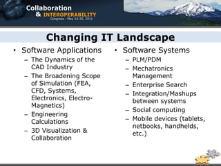 Changing IT Landscape
• Software Applications     • Software Systems
  – The Dynamics of the       – PLM/PDM
    CAD Industry              – Mechatronics
  – The Broadening Scope        Management
    of Simulation (FEA,       – Enterprise Search
    CFD, Systems,             – Integration/Mashups
    Electronics, Electro-       between systems
    Magnetics)
                              – Social computing
  – Engineering
    Calculations              – Mobile devices (tablets,
                                netbooks, handhelds,
  – 3D Visualization &          etc.)
    Collaboration
 