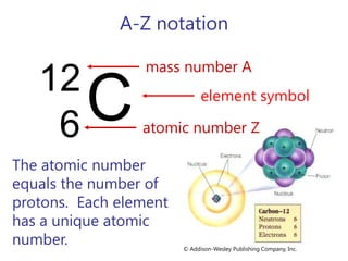 mass number Aatomic number Zelement symbol© Addison-Wesley Publishing Company, Inc.A-Z notationThe atomic number equals the number of protons.  Each element has a unique atomic number.