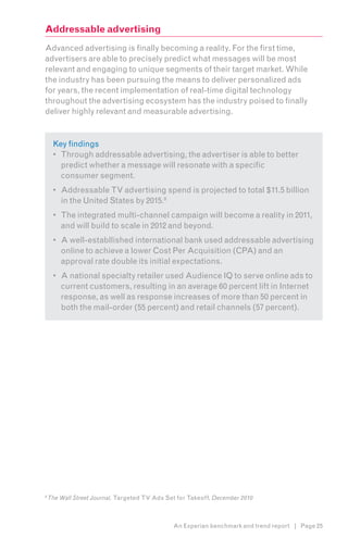 Addressable advertising
Advanced advertising is finally becoming a reality. For the first time,
advertisers are able to precisely predict what messages will be most
relevant and engaging to unique segments of their target market. While
the industry has been pursuing the means to deliver personalized ads
for years, the recent implementation of real-time digital technology
throughout the advertising ecosystem has the industry poised to finally
deliver highly relevant and measurable advertising. 8


     Key findings
     •	 Through addressable advertising, the advertiser is able to better
        predict whether a message will resonate with a specific
        consumer segment.
     •	 Addressable TV advertising spend is projected to total $11.5 billion
        in the United States by 2015.8
     •	 The integrated multi-channel campaign will become a reality in 2011,
        and will build to scale in 2012 and beyond.
     •	 A well-establlished international bank used addressable advertising
        online to achieve a lower Cost Per Acquisition (CPA) and an
        approval rate double its initial expectations.
     •	 A national specialty retailer used Audience IQ to serve online ads to
        current customers, resulting in an average 60 percent lift in Internet
        response, as well as response increases of more than 50 percent in
        both the mail-order (55 percent) and retail channels (57 percent).




8
    The Wall Street Journal, Targeted TV Ads Set for Takeoff, December 2010



                                               An Experian benchmark and trend report | Page 25
 