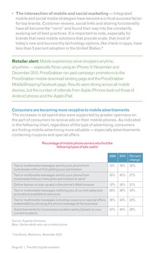 •	 The intersection of mobile and social marketing — Integrated
   mobile and social media strategies have become a critical success factor
   for top brands. Customer reviews, social links and sharing functionality
   have all become the “norm” and found their way into the constantly
   evolving set of best practices. It is important to note, especially for
   brands that need mobile solutions that provide scale, that most of
   today’s new and buzzworthy technology options, like check-in apps, have
   less than 5 percent adoption in the United States.15


Retailer alert: Mobile experiences serve shoppers anytime,
anywhere — especially those using an iPhone. In November and
December 2010, PriceGrabber ran paid campaign promotions to the
PriceGrabber mobile download landing page and the PriceGrabber
MobileShopping Facebook page. Results were strong across all mobile
devices, but the number of referrals from Apple iPhones beat out those of
Android phones and the Apple iPad.


Consumers are becoming more receptive to mobile advertisements
The increases in ad spend also were supported by greater openness on
the part of consumers to receive ads on their mobile phones. As indicated
in the following chart, regardless of the type of advertising, consumers
are finding mobile advertising more valuable — especially advertisements
containing coupons and special offers.

                        Percentage of mobile phone owners who find the
                                 following types of ads useful

                                                                       2009   2010   Percent
                                                                                     change
     Text or multimedia messages sent to your phone from               13%    18%    32%
     businesses without first getting your permission
     Text or multimedia messages sent to your phone from               35%    45%    27%
     businesses that you have given permission to send
     Online banner or pop-up ads in the phone’s Web browser            12%    16%    31%
     Text or multimedia messages notifying you of current sales and    29%    38%    33%
     promotions available to everyone
     Text or multimedia messages including coupons or special offers   36%    44%    23%
     redeemable by showing the phone message at the business
     Advertisements for businesses located nearby (based on your       33%    42%    28%
     current location)

Source: Experian Simmons
Base: Online adults who use a mobile phone


15
     comScore, Mobilens, November 2010.



Page 52 | The 2011 digital marketer
 