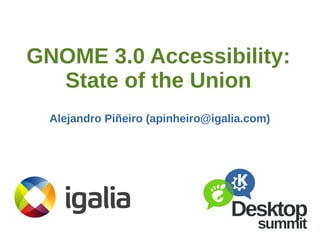 GNOME 3.0 Accessibility:
State of the Union
Alejandro Piñeiro (apinheiro@igalia.com)

 