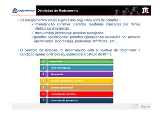 Definições de Modelamento


• Os equipamentos estão sujeitos aos seguintes tipos de paradas:
           manutenção corretiva: paradas aleatórias causadas por falhas
           elétrica ou mecânicas.
           manutenção preventiva: paradas planejadas.
          paradas operacionais: paradas operacionais causadas por motivos
          operacionais (sobrecarga, problemas climáticos, etc.)

• O controle de estados foi desenvolvido com o objetivo de determinar a
  condição operacional dos equipamentos e cálculo de KPI’s.
              1    operando

              2    sem alimentação

              3    bloqueado

              4    parado aguardando insumos

              5    parada operacional

              6    manutenção corretiva

              7    manutenção preventiva
 
