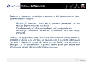 Definições de Modelamento




Todos os equipamentos estão sujeitos a paradas e três tipos de paradas foram
consideradas nos modelos:

      Manutenção corretiva: parada do equipamento provocada por uma
      falha de origem mecânica ou elétrica.
      Parada operacional: falha provocada por motivos operacionais.
      Manutenção preventiva: parada do equipamento para manutenção
      planejada.

Quando um equipamento para, isto causa imediatamente consequências no
processo produtivo como um todo. Os equipamentos a montante podem parar
(em estado bloqueado) porque não existe nenhum “buffer” para armazenar a
produção. Já os equipamentos a jusante podem parar (em estado sem
alimentação) porque não tem material para processar.
 