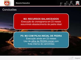 Resumo Executivo



Conclusões


                M2: RECURSOS BALANCEADOS
              Execução do cronograma em 23 meses
              assumindo abastecimento de pedra ideal




              P5: M2 COM PILHA INICIAL DE PEDRA
                   Execução ainda em 23 meses
                Uso de pilha de PEDRA inicial com
                    frota interna de caminhões
 