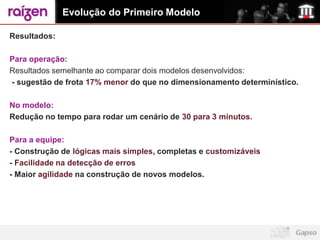 Evolução do Primeiro Modelo

Resultados:

Para operação:
Resultados semelhante ao comparar dois modelos desenvolvidos:
- sugestão de frota 17% menor do que no dimensionamento determinístico.

No modelo:
Redução no tempo para rodar um cenário de 30 para 3 minutos.

Para a equipe:
- Construção de lógicas mais simples, completas e customizáveis
- Facilidade na detecção de erros
- Maior agilidade na construção de novos modelos.
 