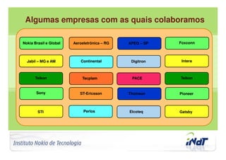 Algumas empresas com as quais colaboramos

       Nokia Brasil e Global          Aeroeletrônica – RG   APEQ – SP   Foxconn



          Jabil – MG e AM                 Continental        Digitron    Intera



                Teikon                    Tecplam            PACE       Teikon


                 Sony                    ST-Ericsson        Thomson     Pioneer



                  STI                      Perlos           Elcoteq     Gatsby




Company Confidential    © 2010 INdT
 