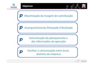 Objetivos



 Maximização da margem de contribuição



 Acompanhamento Planejado X Realizado


     Centralização do planejamento e
       das informações da operação


    Facilitar a comunicação entre áreas
             distintas da empresa
 
