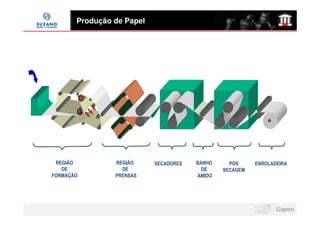 Produção de Papel




 REGIÃO         REGIÃO     SECADORES   BANHO     PÓS     ENROLADEIRA
   DE             DE                     DE    SECAGEM
FORMAÇÃO        PRENSAS                AMIDO
 
