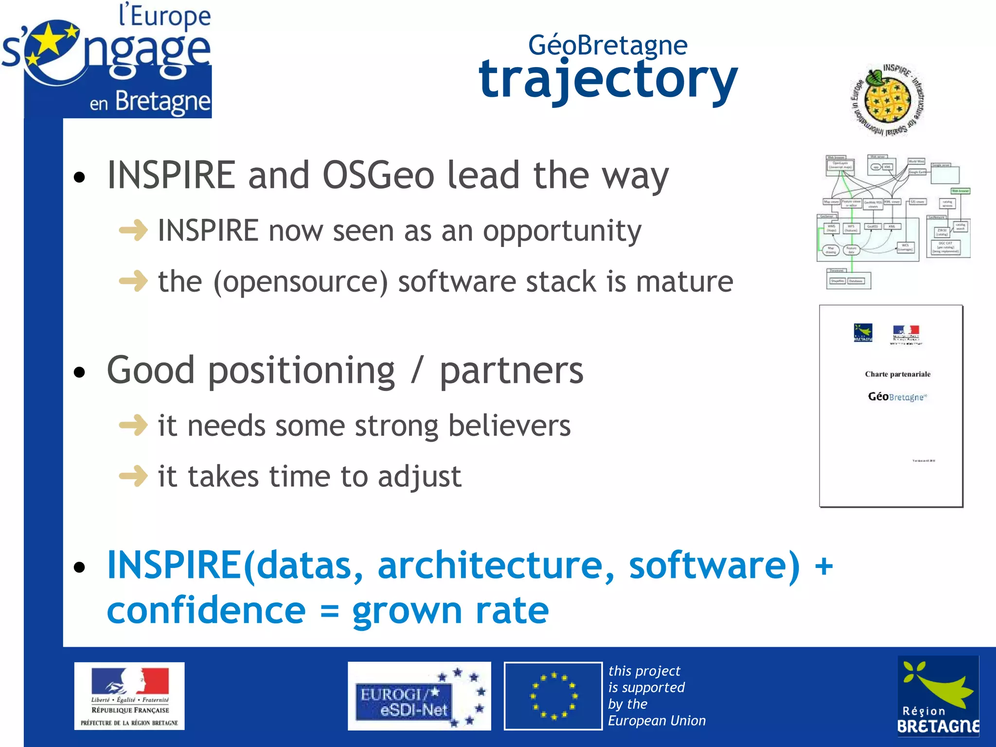GéoBretagne
                              trajectory
• INSPIRE and OSGeo lead the way
    INSPIRE now seen as an opportunity
    the (opensource) software stack is mature


• Good positioning / partners
    it needs some strong believers
    it takes time to adjust


• INSPIRE(datas, architecture, software) +
  confidence = grown rate
                                     this project
                                     is supported
                                     by the
                                     European Union
 