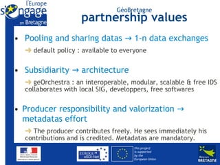 GéoBretagne
                     partnership values
• Pooling and sharing datas → 1-n data exchanges
     default policy : available to everyone


• Subsidiarity → architecture
     geOrchestra : an interoperable, modular, scalable & free IDS
  collaborates with local SIG, developpers, free softwares


• Producer responsibility and valorization →
  metadatas effort
    The producer contributes freely. He sees immediately his
  contributions and is credited. Metadatas are mandatory.
                                      this project
                                      is supported
                                      by the
                                      European Union
 