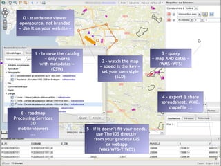 0 – standalone viewer
  opensource, not branded
  « Use it on your website »




          1 - browse the catalog                                             3 – query
               « only works                                              « map AND datas »
                                           2 – watch the map
             with metadatas »                                               (WMS+WFS)
                                          « speed is the key »
                  (CSW)
                                           set your own style
                                                 (SLD)



                                                                               4 – export & share
                                                                              spreadsheet, WMC,
                                                                                   shapefile ...
   6 – roadmap
Processing Services
        3D
  mobile viewers                   5 – if it doesn't fit your needs,
        ...                              use The IDS directly
                                        from your gavorite GIS
                                               or webapp
                                           (WMS WFS-T WCS)this project
                                                             is supported
                                                             by the
                                                             European Union
 
