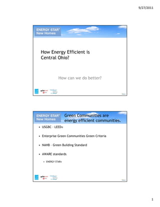 9/27/2011




 How Energy Efficient is
 Central Ohio?



              How can we do better?




                    Green Communities are
                    energy efficient communities.
• USGBC – LEED®

• Enterprise Green Communities Green Criteria

• NAHB – Green Building Standard

• AWARE standards

   • ENERGY STAR®




                                                           1
 