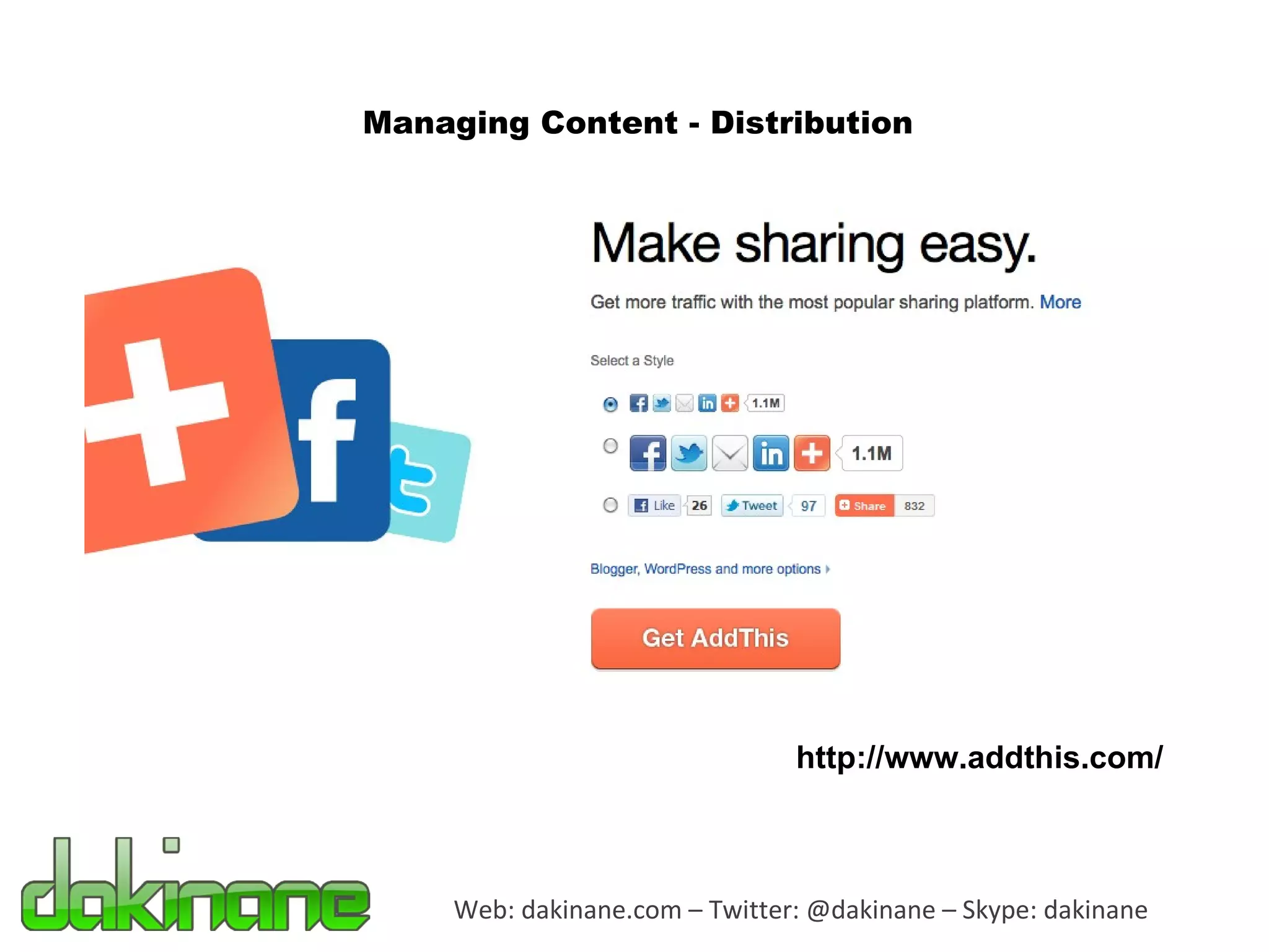 Web: dakinane.com – Twitter: @dakinane – Skype: dakinane Managing Content - Distribution http://www.addthis.com/ 