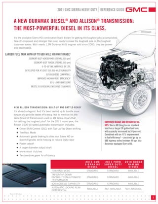 2011 GMC SIERRA HEAVY DUTY REFERENCE GUIDE


             A NEW DURAMAX DIESEL® AND ALLISON® TRANSMISSION:
             THE MOST-POWERFUL DIESEL IN ITS CLASS.
             It’s the available Sierra HD combination that’s known for getting the toughest jobs accomplished.
             Now it’s improved and stronger than ever, ready to make the toughest jobs on the toughest
             days even easier. With nearly 1.3M Duramax 6.6L engines sold since 2000, they are proven
             and dependable.

LARGER FUEL TANK WITH UP TO 680-MILE HIGHWAY RANGE1
                                SEGMENT-BEST HORSEPOWER (397@3,000 rpm)
                                     SEGMENT-BEST TORQUE (765@1,600 rpm)
                                             0-TO-60 TIME IMPROVED BY 13%
                             DEVELOPED FOR AT LEAST 200,000-MILE DURABILITY
                                                  B20 BIODIESEL COMPATIBLE
                                         IMPROVED HIGHWAY FUEL EFFICIENCY1
                                                      65% LOWER EMISSIONS
                                   MEETS 2010 FEDERAL EMISSIONS STANDARDS




             NEW ALLISoN TRANSMISSIoN: BuILT-uP AND BATTLE-READY
             It’s already a legend. And it’s been beefed up to handle more
             torque and provide better efficiency. Not to mention it’s the
             same brand of transmission used in M1 tanks. How’s that
             for battling the toughest jobs? For the 2011 model year, the                        IMPROVED RANGE AND REDUCED FILL-
             Allison 1000 six-speed automatic transmission includes:                             UPS: Sierra HD (long box or standard
                  ■   Driver Shift Control (DSC) with Tap-Up/Tap-Down shifting                   box) has a larger 36 gallon fuel tank
                  ■   Tow/Haul Mode                                                              with capacity increased by 38 percent.
                                                                                                 Combined with an 11% improvement
                  ■   Automatic grade braking to slow your Sierra HD on                          in fuel efficiency1 – you could go up to
                      downhill grades while helping to reduce brake wear                         680 highway miles between fill-ups in a
                  ■   Power takeoff                                                              Duramax-equipped Sierra HD.
                  ■   A larger-diameter output shaft
                  ■   More robust clutches
                  ■   Two overdrive gears for efficiency

                                                                                  2011 GMC        2011 FORD           2010 DODGE
                                                                                  SIERRA HD      SUPER DUTY             RAM HD
                                                                                    DIESEL          DIESEL              DIESEL
                                                       TOW/HAUL MODE               STANDARD         STANDARD              AVAILABLE
                                                       TAP-UP/TAP-DOWN
                                                       CAPABILITY ON AUTOMATIC     STANDARD         STANDARD              AVAILABLE
                                                       TRANSMISSION
                                                       B20 BIODIESEL CAPABILITY    STANDARD         STANDARD              AVAILABLE
                                                       AUTOMATIC LOCKING REAR
                                                                                   AVAILABLE     NOT AVAILABLE         NOT AVAILABLE
                                                       DIFFERENTIAL

• • • • • • • • • • • • • • • • • • • • • • • • • • • • • • • • • • • • • • •
   1
       Based on GM testing



• • • • • • • • • • • • • • • • • • • • • • • • • • • • • • • • • • • • • • •
                                                                                                                                            5
 