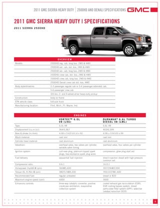 2011 GMC SIERRA HEAVY DUTY 2500HD AND DENALI SPECIFICATIONS


     2011 GMC SIERRA HEAVY DUTY | SPECIFICATIONS
     2011 SIERRA 2500HD




                                            OVERVIEW
     Models:                        2500HD reg. cab, long box, 2WD & 4WD
                                    2500HD ext. cab, std. box, 2WD & 4WD
                                    2500HD ext. cab, long box, 2WD & 4WD
                                    2500HD crew cab, std. box, 2WD & 4WD
                                    2500HD crew cab, long box, 2WD & 4WD
                                    2500HD Denali crew cab std. box, 4WD
     Body style/driveline:          2-3 passenger regular cab or 5-6 passenger extended cab,
                                    5-6-passenger crew cab
                                    3/4-ton; 2- and 4-wheel-drive heavy-duty pickup
     Construction:                  body on frame
     EPA vehicle class:             full-size truck
     Manufacturing location:        Flint, Mich.; Ft. Wayne, Ind.



                                                             ENGINES
                                             VORTEC™ 6.0L                               DURAMAx® 6.6L TURBO
                                             V8 (L96)                                   DIESEL V8 (LML)
     Type:                                   6.0L V8                                    6.6L V8
     Displacement (cu.in./cc):               364/5,967                                  403/6,599
     Bore & stroke (in./mm):                 4.00 x 3.62/101.6 x 92                     4.06 x 3.9/103 x 99
     Block material:                         cast iron                                  cast iron
     Cylinder head material:                 cast aluminum                              cast aluminum
     Valvetrain:                             overhead valve, two valves per cylinder,   overhead valve, four valves per cylinder
                                             variable valve timing
     Ignition system:                        coil-near-plug, platinum-tipped spark      compression, glow plug start aid
                                             plugs, low-resistance spark plug wires
     Fuel delivery:                          sequential fuel injection                  direct-injection diesel with high-pressure
                                                                                        common rail
     Compression ratio:                      9.6:1                                      16.0:1
     Horsepower (hp/kW @ rpm):               360@5,400                                  397/296@3,000
     Torque (lb.-ft./Nm @ rpm):              380/515@4,200                              765/1037@1,600
     Recommended fuel:                       regular unleaded                           diesel or B20
     Maximum engine speed (rpm):             6000                                       3000
     Emissions controls:                     three-way catalytic converter, positive    cooled exhaust gas recirculation (EGR),
                                             crankcase ventilation, evaporative         EGR cooling-bypass system, diesel
                                             collection system                          particulate filter system (DPF), selective
                                                                                        catalyst reduction (SCR)


• • • • • • • • • • • • • • • • • • • • • • • • • • • • • • • • • • • • • • •
• • • • • • • • • • • • • • • • • • • • • • • • • • • • • • • • • • • • • • •
                                                                                                                                     8
 