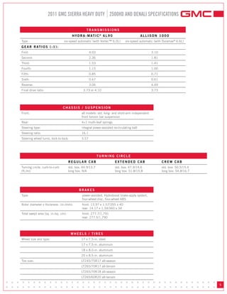 2011 GMC SIERRA HEAVY DUTY 2500HD AND DENALI SPECIFICATIONS

                                                      TRANSMISSIONS
                                            H Y D R A - M AT I C ® 6 L 9 0                      ALLISON 1000
     Type :                          six-speed automatic (with Vortec™ 6.0L)        six-speed automatic (with Duramax® 6.6L)
     G E A R R AT I O S ( : 1 ) :
     First:                                               4.03                                        3.10
     Second:                                              2.36                                        1.81
     Third:                                               1.53                                        1.41
     Fourth:                                              1.15                                        1.00
     Fifth:                                               0.85                                        0.71
     Sixth:                                               0.67                                        0.61
     Reverse:                                             3.06                                        4.49
     Final drive ratio:                             3.73 or 4.10                                      3.73




                                    CHASSIS / SUSPENSION
     Front:                                        all models: std. long- and short-arm independent
                                                   front torsion bar suspension
     Rear:                                         4+1 multi-leaf springs
     Steering type:                                integral power-assisted recirculating ball
     Steering ratio:                               16.1
     Steering wheel turns, lock-to-lock:           3.57




                                                                 TURNING CIRCLE
                                          REGULAR CAB                        ExTENDED CAB                    CREW CAB
     Turning circle, curb-to-curb         std. box: 44.9/13.7                std. box: 47.9/14.6             std. box: 50.5/15.4
     (ft./m):                             long box: N/A                      long box: 51.8/15.8             long box: 54.8/16.7




                                                 BRAKES
     Type:                                         power-assisted, Hydroboost brake-apply system,
                                                   four-wheel disc, four-wheel ABS
     Rotor diameter x thickness (in./mm):          front: 13.97 x 1.57/355 x 40
                                                   rear: 14.17 x 1.34/360 x 34
     Total swept area (sq. in./sq. cm):            front: 277.7/1,791
                                                   rear: 277.5/1,790




                                           WHEELS / TIRES
     Wheel size and type:                          17 x 7.5-in. steel
                                                   17 x 7.5-in. aluminum
                                                   18 x 8.0-in. aluminum
                                                   20 x 8.5-in. aluminum
     Tire size:                                    LT245/75R17 all-season
                                                   LT265/70R17 all-terrain
                                                   LT265/70R18 all-season
                                                   LT265/60R20 all-terrain
• • • • • • • • • • • • • • • • • • • • • • • • • • • • • • • • • • • • • • •
• • • • • • • • • • • • • • • • • • • • • • • • • • • • • • • • • • • • • • •
                                                                                                                                   9
 