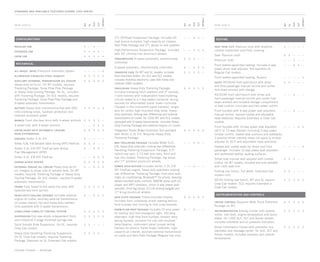 Standard and Available Features / Sierra 1500 series
SEATING
seat trim Dark Titanium vinyl with Graphite- 	 S	 —	 —	 — 	—
colored rubberized vinyl floor covering
Dark Titanium cloth	 A	S	 —	 —	 —
Premium cloth	 —	 —	S	 —	 —
Front leather-appointed seating. Includes 6-way 	 —	 —	A	S	 —
power driver seat adjuster. Not available on
Regular Cab models.
Front leather-appointed seating, Nuance	 —	 —	 —	 —	S
seats 40/20/40 front split-bench with driver 	 S	S	 —	 —	 —
and front-passenger manual recline and center
fold-down armrest with storage
40/20/40 front split-bench with driver and	 —	 —	S	 —	 —
front-passenger manual recline and center fold-
down armrest and lockable storage compartment
in seat cushion (includes auxiliary power outlet)
Front buckets with 6-way power seat adjusters, 	 —	 —	A	 —	 —
manual recline, manual lumbar and adjustable
head restraints. Requires Extended or Crew Cab
models.
Front buckets with 10-way power seat adjusters	 —	 —	 —	S	S
(SLT) or 12-way (Denali) including 2-way power
lumbar control, heated seat cushions and seatbacks,
2-position driver memory (does not apply to lumbar
adjuster on SLT) and adjustable head restraints
Heated and cooled seats for driver and front 	 —	 —	 —	 —	A
passenger. Includes 12-way power seat adjusters
and perforated leather seating surfaces.
Driver-side manual seat adjuster with lumbar 	 A	S	S	 —	 —
control. On WT models, included and only available
with cloth seat trim.
Folding rear bench, full width. Extended Cab 	 S	S	 —	 —	 —
models only.
60/40 folding rear bench. WT and SL require	 S	S	S	S	S
Crew Cab models. SLE requires Extended or
Crew Cab models.
Instrumentation and controls
cruise control Requires Work Truck Preferred	 A	S	S	S	S
Package on WT.
instrumentation Analog cluster with speedo- 	 S	S	S	S	S
meter, fuel level, engine temperature and tacho-
meter. On 1500 SLE, SLT and Denali models,
includes voltmeter and oil pressure indicators.
Driver Information Center with odometer, trip 	 S	S	S	S	S
odometer and message center. On SLE, SLT and
Denali models, includes compass and outside
temperature.
Trim Levels
Z71 Off-Road Suspension Package. Includes off-	 —	­—	A	A	 —
road jounce bumpers, high-capacity air cleaner,
Skid Plate Package and Z71 decals on rear quarters.
High-Performance Suspension Package. Included 	 —	 —	A	A	S
with 20 chrome-clad aluminum wheels.
transmission 4-speed automatic, electronically	 S	S	S	 —	 —
controlled
6-speed automatic, electronically controlled	 A	 —	A	S	S
Transfer case On WT and SL models, includes 	 S	S	S	S	 —
floor-mounted shifter. On SLE and SLT models,
includes Autotrac electronic case with rotary dial
controls (4WD models).
trailering Heavy-Duty Trailering Package. 	 A	A	A	S	S
Includes trailering hitch platform and 2 receiver,
7-wire harness with independent fused trailering
circuits mated to a 7-way sealed connector, wiring
harness for aftermarket trailer brake controller
(located in the instrument panel harness), single
wire for center high-mounted stop lamp, heavy-
duty automatic locking rear differential and external
transmission oil cooler. On 1500 WT and SLE models
equipped with 6-speed transmission, includes Heavy-
Duty Cooling Package and external engine oil cooler.
Integrated Trailer Brake Controller. Not available 	 A	A	A	A	A
with Vortec 4.3L V-6. Requires Heavy-Duty
Trailering Package.
MAX Trailering Package Includes Vortec 6.2L 	 —	 —	A	A	 —
V-8, heavy-duty automatic locking rear differential,
Handling/Trailering Suspension Package, 9.5
hybrid rear axle, 3.73 rear axle ratio, front and
rear disc brakes, Trailering Package, fog lamps
and 17 polished aluminum wheels.
Power tech edition Includes Vortec 5.3L V-8	 — 	—	A	 —	 —
SFI FlexFuel engine, heavy-duty automatic locking
rear differential, Trailering Package, dual-zone auto-
matic air conditioning, Bluetooth®1
for phone, steering-
wheel-mounted audio controls, AM/FM stereo with CD
player and MP3 playback, driver 6-way power seat
adjuster, front fog lamps, EZ-Lift locking tailgate and
17 6-lug aluminum wheels
Skid Plate Package Frame-mounted shields. 	 A	A	A	A	S
Includes front underbody shield starting behind
front bumper and running to first cross-member.
Snow Plow Prep Package Includes 10-amp power 	 A	 —	A	 —	 —
for backup and roof emergency light, 160-amp
alternator, high-flow front bumper, forward lamp
wiring harness, provision for cab roof-mounted
lamp/beacon, instrument panel jumper wiring
harness for electric trailer brake controller, high-
capacity air cleaner, auxiliary external transmission
oil cooler and Skid Plate Package (Regular Cab only)					
	
Configurations
Regular Cab	 •	 —	 •	 —	 —
Extended Cab	 •	 •	 •	 •	 —
Crew Cab	 •	 •	 •	 •	 •
mechanical
all-wheel drive Electronic automatic system 	 —	 —	 —	 —	A
aluminized stainless steel exhaust	 S	S	S	S	S
Auxiliary external transmission oil cooler	 A	A	A	A	S
Heavy-duty air-to-oil. On WT models, requires
Trailering Package, Snow Plow Prep Package
or Heavy-Duty Cooling Package. On SL, included
with Trailering Package. On SLE models, requires
Trailering Package, Snow Plow Prep Package and
6-speed automatic transmission.
battery Heavy-duty maintenance-free with 600 	 S	S	S	S	S
cold-cranking amps, rundown protection and
retained accessory power
BRAKES Front disc/rear drum with 4-wheel antilock	 S	S	S	S	 —
4-wheel disc with 4-wheel antilock	 —	 —	A	A	S
Eaton heavy-duty Automatic Locking	 A	A	A	S	S
Rear Differential
engines Vortec 4.3L V-6	 S	 —	 —	 —	 —
Vortec 4.8L V-8 Variable Valve Timing (VVT) FlexFuel	 A	S	S	 —	 —
Vortec 5.3L V-8 VVT FlexFuel with Active	 A	 —	A	S	 —
Fuel Management (AFM)
Vortec 6.2L V-8 VVT FlexFuel	 —	 —	A	A	S
ENGINE BLOCK HEATER	 A	A	A	A	A
external engine oil cooler Heavy-duty air-to-	 A	 —	A	S	S
oil. Integral to driver side of radiator tank. On WT
models, requires Trailering Package or Heavy-Duty
Cooling Package. On SLE models, requires 6-speed
automatic transmission.
frame Fully boxed to the spare tire area, with	 S	S	S	S	S
hydroformed front section
Heavy-duty cooling package Includes external	 A	 —	A	S	S
engine oil cooler, auxiliary external transmission
oil cooler, electric fan and heavy-duty radiator.
Only available with 6-speed transmission.
stabilitrak stability control system	 S	S	S	S	S
Suspension Coil-over-shock independent front; 	 S	S	S	S	S
semi-elliptical 2-stage multileaf springs rear
Solid Smooth Ride Suspension. On SL, requires	 S	S	 —	 —	 —	
Crew Cab models.
Heavy-Duty Handling/Trailering Suspension. 	 A	A	S	S	 —
On SL Crew Cab models, requires Trailering
Package. Standard on SL Extended Cab models.
Trim Levels
A-Available S-Standard — -Not Available
WT
sle
SLT
DENALI
sl
WT
sle
SLT
DENALI
sl
WT
sle
SLT
DENALI
sl
 