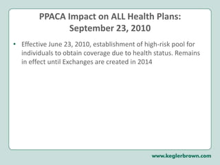 $750,000 limit per individual for plan year on or after September 23, 2010. Increases to $1,250,000 on or after September 23, 2011PPACA Impact on ALL Health Plans:September 23, 2010Effective June 23, 2010, establishment of high-risk pool for individuals to obtain coverage due to health status. Remains in effect until Exchanges are created in 2014
