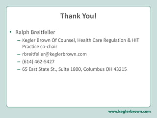 Big discrepancy in EHR adoption in small practices, rural communities, etc.Web-based solutionsDefining and sharing sustainable business models continues to be focusFocus is not on the Government funded SDEs, RECs, etc. for the experience factorSignificant gap with staffing and expertise in HIE—organizations with experience133Final Thoughts