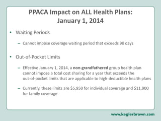 PPACA Impact on ALL Health Plans:September 23, 2010Transparency in Coverage DisclosuresEffective for plan years on or after September 23, 2010, a non-grandfathered plan will be required to submit to the HHS information regarding the following:The plan’s claims payment policies and practices; Periodic financial disclosures;Data on enrollment; Data on disenrollment; Data on the number of claims that are denied; 	Data on rating practices; Information on cost-sharing and payments with respect to any out-of-network coverage; Information on enrollee and participant rights. 