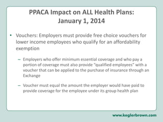 PPACA Impact on ALL Health Plans:January 1, 2013Medicare Payroll Tax IncreaseIncrease in Medicare Part A tax from 1.45% to 2.35% applicable to single individuals earning more than $200,000 and married individuals earning more than $250,000Small Business Tax CreditEligible employers (less than 25 full-time employees) will get a tax credit equal to a portion of its health insurance premiums Phase I: 2010 – 2013: May claim a credit of up to 35% of health insurance premiums for each tax year if employer contributes at least 50% of total premium costPhase II: After 2013:  May claim tax credit of up to 50% of employer’s contribution toward employees’ premiums if employer contributes at least 50% of total premium
