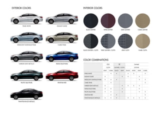 exteRioR coloRS                                        inteRioR coloRS




           PEARL WHITE              RADIANT SILvER

                                                          Black leatheR                Wine leatheR                  GRaY leatheR             camel leatheR




    IRIDEScENT SILvER bLUE PEARL     cAMEL PEARL


                                                       Black leatheR + cloth       GRaY leatheR + cloth               GRaY cloth               camel cloth




                                                       coloR comBinationS
      HARboR GRAy METALLIc         inDiGo BlUe PeaRl                                          GLS               SE                       Limited
                                                                                            cLoTH       LEATHER + cLoTH                  LEATHER

                                                                                       GRAy     cAMEL   bLAck        GRAy   bLAck   WINE      GRAy     cAMEL

                                                        PEARL WHITE                                 •     •                   •      •                   •

                                                        RAdIAnT SILvER                  •                             •       •                    •

                                                        IRIdEScEnT SILvER BLuE PEARL    •           •     •                                        •     •

         PaciFic BlUe PeaRl          Venetian ReD       cAmEL PEARL                                 •                                                    •

                                                        HARBoR GRAy mETALLIc            •                             •       •      •             •

                                                        IndIGo BLuE PEARL               •           •                 •                            •

                                                        PAcIfIc BLuE PEARL              •           •                 •                            •     •

                                                        vEnETIAn REd                                •     •                                              •

                                                        PHAnTom BLAck mETALLIc          •           •     •                   •      •             •     •

     Phantom Black metallic
 