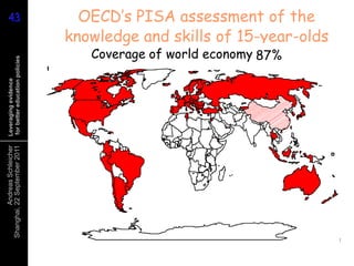 43
43                                 OECD’s PISA assessment of the
                                 knowledge and skills of 15-year-olds
                                    Coverage of world economy 83%
                                                              87%
                                                              86%
                                                              85%
                                                              81%
                                                              77%
 for better education policies
 Leveraging evidence
          Andreas Schleicher
Shanghai, 22 September 2011
 