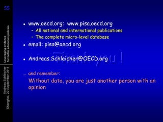 55
55

                                    www.oecd.org; www.pisa.oecd.org
 for better education policies




                                      – All national and international publications
                                      – The complete micro-level database
 Leveraging evidence




                                    email: pisa@oecd.org

                                 
                                                Thank you !
                                     Andreas.Schleicher@OECD.org
          Andreas Schleicher
Shanghai, 22 September 2011




                                 … and remember:
                                     Without data, you are just another person with an
                                     opinion
 