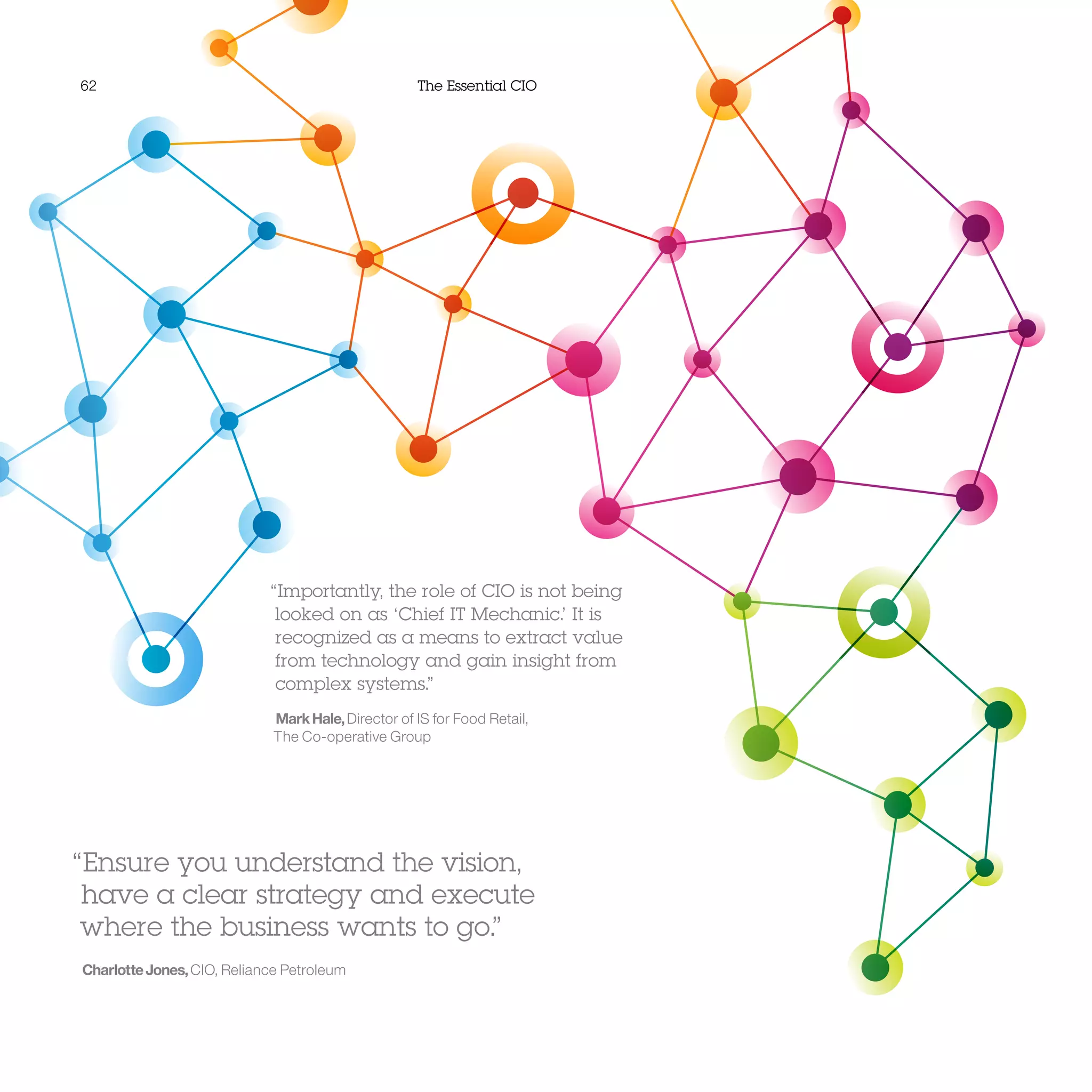 62 The Essential CIO
“Importantly, the role of CIO is not being
looked on as ‘Chief IT Mechanic.’ It is
recognized as a means to extract value
from technology and gain insight from
complex systems.”
MarkHale,Director of IS for Food Retail,
The Co-operative Group
“Ensure you understand the vision,
have a clear strategy and execute
where the business wants to go.”
CharlotteJones,CIO, Reliance Petroleum
 
