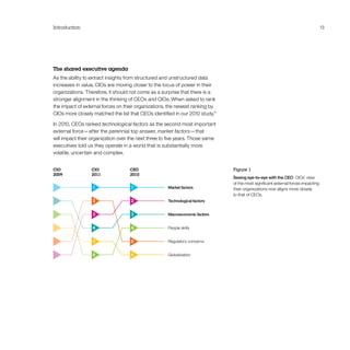 Introduction 13
Figure 1
Seeing eye-to-eye with the CEO  CIOs’ view
of the most significant external forces impacting
their organizations now aligns more closely
to that of CEOs.
The shared executive agenda
As the ability to extract insights from structured and unstructured data
increases in value, CIOs are moving closer to the locus of power in their
organizations. Therefore, it should not come as a surprise that there is a
stronger alignment in the thinking of CEOs and CIOs. When asked to rank
the impact of external forces on their organizations, the newest ranking by
CIOs more closely matched the list that CEOs identified in our 2010 study.4
In 2010, CEOs ranked technological factors as the second most important
external force—after the perennial top answer, market factors—that
will impact their organization over the next three to five years. Those same
executives told us they operate in a world that is substantially more
volatile, uncertain and complex.
CIO
2009
CIO
2011
CEO
2010
6
5
4
3
2
1
6
5
4
3
2
1 Market factors
Technological factors
Macroeconomic factors
People skills
Regulatory concerns
Globalization
 