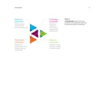 Introduction 17
Figure 4
The CIO Mandate  Effective CIOs know
and deliver on a mandate that is defined by
the predominant goals of the enterprise.
Leverage
mandate
Streamline
operations
and increase
organizational
effectiveness
Expand
mandate
Refine business
processes and
enhance collaboration
Pioneer
mandate
Radically innovate
products, markets,
business models
Transform
mandate
Change the
industry value chain
through improved
relationships
 