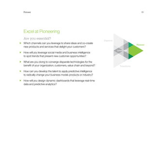 Expand
Pioneer
Transform
Leverage
Pioneer 61
Excel at Pioneering
Are you essential?
  Which channels can you leverage to share ideas and co-create
new products and services that delight your customers?
  How will you leverage social media and business intelligence
to spot trends that present new customer opportunities?
  What are you doing to converge disparate technologies for the
benefit of your organization, customers, value chain and beyond?
  How can you develop the talent to apply predictive intelligence
to radically change your business model, products or industry?
  How will you design dynamic dashboards that leverage real-time
data and predictive analytics?
 