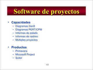 - GESTION DE OPERACIONES –122
Software de proyectosSoftware de proyectos
• Capacidades
– Diagramas Gantt
– Diagramas PERT/CPM
– Informes de estado
– Informes de rastreo
– Múltiples proyectos
• Productos
– Primavera
– Microsoft Project
– Scitor
 