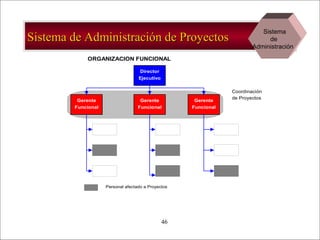 - GESTION DE OPERACIONES –46
Director
Ejecutivo
Gerente
Funcional
Gerente
Funcional
Gerente
Funcional
Coordinación
de Proyectos
ORGANIZACION FUNCIONAL
Personal afectado a Proyectos
Sistema de Administración de ProyectosSistema de Administración de Proyectos
Sistema
de
Administración
 
