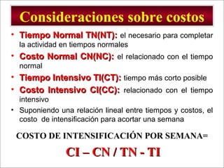 - GESTION DE OPERACIONES –
Consideraciones sobre costos
• Tiempo Normal TN(NT):Tiempo Normal TN(NT): el necesario para completar
la actividad en tiempos normales
• Costo Normal CN(NC):Costo Normal CN(NC): el relacionado con el tiempo
normal
• Tiempo Intensivo TI(CT):Tiempo Intensivo TI(CT): tiempo más corto posible
• Costo Intensivo CI(CC):Costo Intensivo CI(CC): relacionado con el tiempo
intensivo
• Suponiendo una relación lineal entre tiempos y costos, el
costo de intensificación para acortar una semana
COSTO DE INTENSIFICACIÓN POR SEMANA=
CI – CN / TN - TICI – CN / TN - TI
 