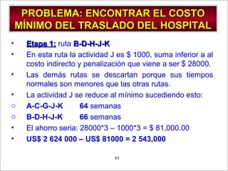 - GESTION DE OPERACIONES –85
PROBLEMA: ENCONTRAR EL COSTOPROBLEMA: ENCONTRAR EL COSTO
MÍNIMO DEL TRASLADO DEL HOSPITALMÍNIMO DEL TRASLADO DEL HOSPITAL
• Etapa 1:Etapa 1: ruta B-D-H-J-KB-D-H-J-K
• En esta ruta la actividad J es $ 1000, suma inferior a al
costo indirecto y penalización que viene a ser $ 28000.
• Las demás rutas se descartan porque sus tiempos
normales son menores que las otras rutas.
• La actividad J se reduce al mínimo sucediendo esto:
o A-C-G-J-K 64 semanas
o B-D-H-J-K 66 semanas
• El ahorro seria: 28000*3 – 1000*3 = $ 81,000.00
• US$ 2 624 000 – US$ 81000 = 2 543,000
 