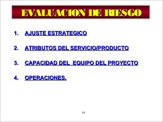 - GESTION DE OPERACIONES –91
EVALUACION DE RIESGOEVALUACION DE RIESGO
1.1. AJUSTE ESTRATEGICOAJUSTE ESTRATEGICO
2.2. ATRIBUTOS DEL SERVICIO/PRODUCTOATRIBUTOS DEL SERVICIO/PRODUCTO
3.3. CAPACIDAD DEL EQUIPO DEL PROYECTOCAPACIDAD DEL EQUIPO DEL PROYECTO
4.4. OPERACIONES.OPERACIONES.
 