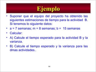 - GESTION DE OPERACIONES –99
EjemploEjemplo
• Suponer que el equipo del proyecto ha obtenido las
siguientes estimaciones de tiempo para la actividad B.
Si tenemos lo siguiente datos:
• a = 7 semanas; m = 8 semanas; b = 15 semanas
• Calcular:
• A) Calcule el tiempo esperado para la actividad B y la
varianza.
• B) Calcule el tiempo esperado y la varianza para las
dmas actividades..
 