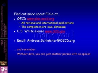 61
 61
Strong performers and successful reformers




                                                      Find out more about PISA at…
                                                       OECD www.pisa.oecd.org

                                                           – All national and international publications
Andreas Schleicher




                                                           – The complete micro-level database
13 October 2011




                                                          U.S. White House www.data.gov
                                                                   Thank you !
                                                      




                                                          Email: Andreas.Schleicher@OECD.org
PISA
                   International Student Assessment
                               OECD Programme for




                                                      




                                                      … and remember:
                                                          Without data, you are just another person with an opinion
 