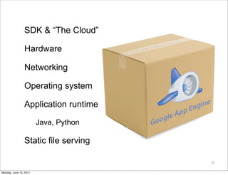 SDK & “The Cloud”

                Hardware

                Networking

                Operating system

                Application runtime

                        Java, Python

                Static file serving

                                       20

Monday, June 13, 2011
 